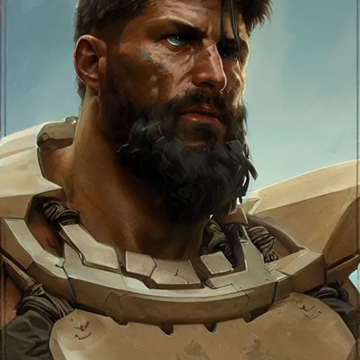 Image similar to portrait of rugged spartan, halo, muscular, d & d, concept art, art by greg rutkowski and alphonse mucha