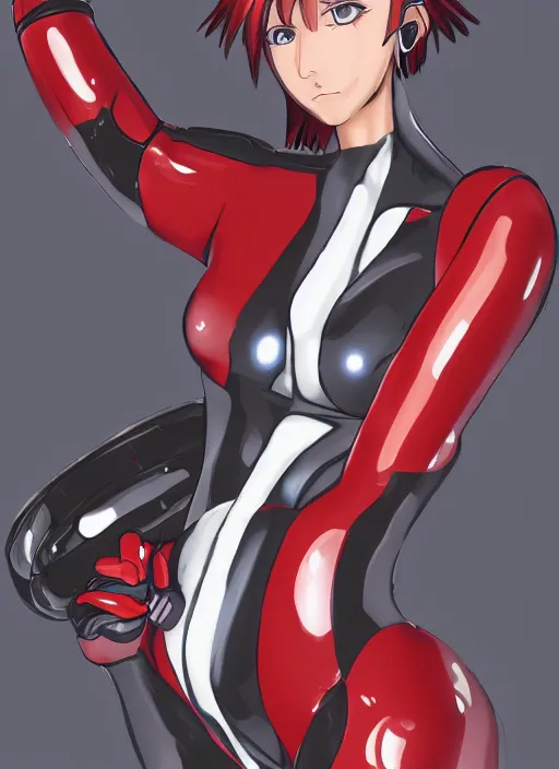 Image similar to Portrait of a female mech pilot in a black latex bodysuit, anime, cel-shaded, highly detailed, monotone, red highlights