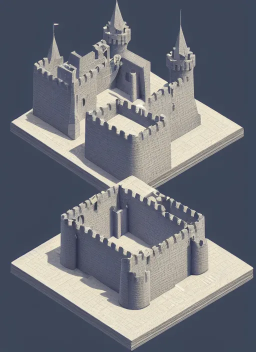 Prompt: a low poly isometric render of castle, intricate, elegant, smooth shading, soft lighting, illustration, simple, solid shapes, by mc escher, octane render