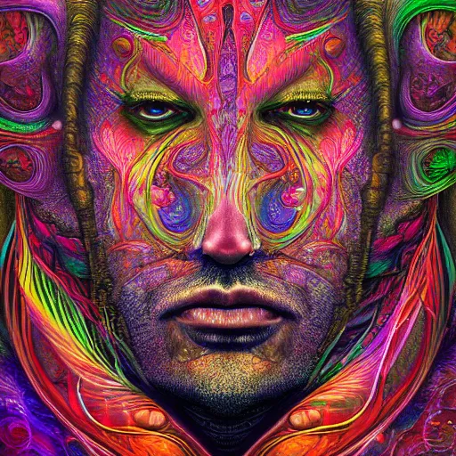 Image similar to a digital painting of a man's face, digital art by android jones and amanda sage, behance contest winner, psychedelic art, biomorphic, rendering in intricate poster art, tarot card lovecraftian, outlined art