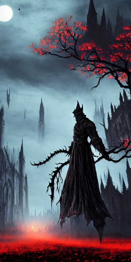 Image similar to abandoned bloodborne old valley with a person at the centre and a ruined gothic city at the emd, trees and stars in the background, phantoms in the sky, falling red petals, epic red - orange moonlight, perfect lightning, wallpaper illustration by niko delort and kentaro miura, 4 k, ultra realistic