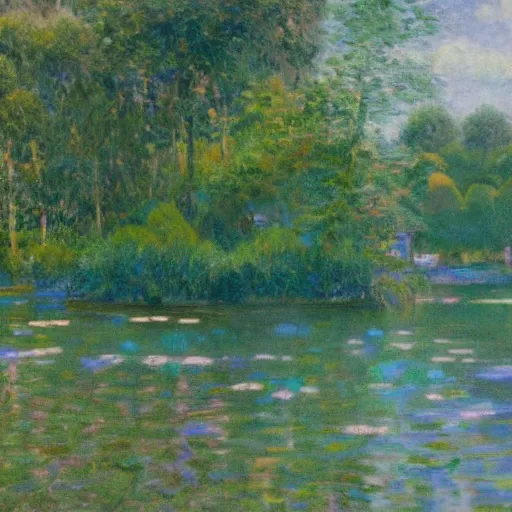 Prompt: small lakefront jungle fishing town, matte painting, trending on artstation, style of Monet, van rysselberghe