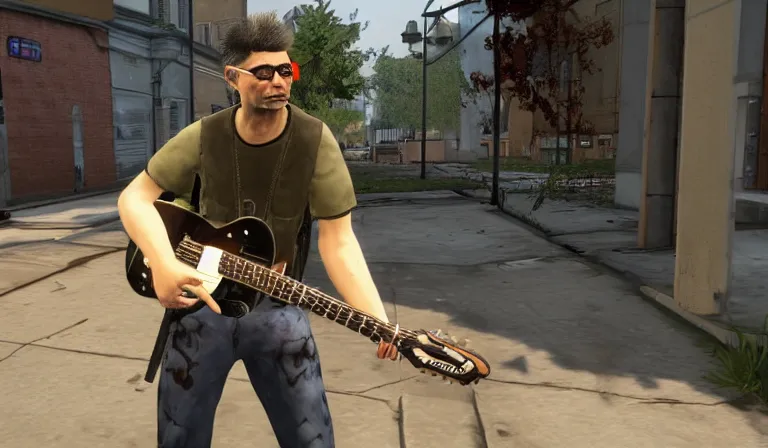 Prompt: steve albini npc carrying a guitar in left 4 dead 2, source engine, gameplay screenshot