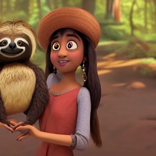 Image similar to a beautiful young indian cottagecore witch holds a cute sloth, traditional disney animation, highly detailed, still from movie, 8 k render