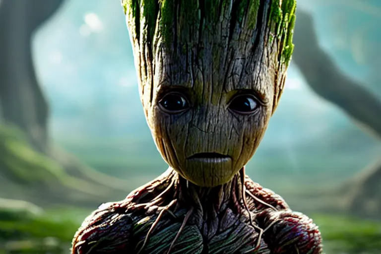 Image similar to an ultra realistic, cinematic headshot portrait, of baby groot, background of a vast serene landscape, with trees and rivers, detailed, deep focus, movie still, dramatic lighting, ray tracing, by michal karcz and yoshitaka amano