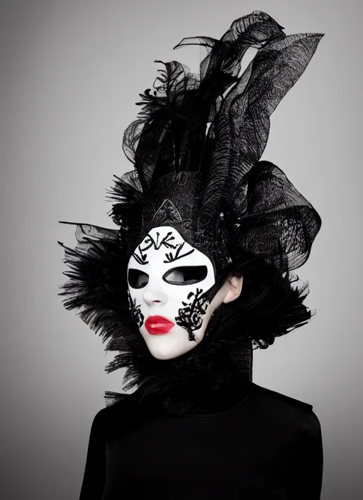 Image similar to a fashion portrait photograph of a woman wearing a high fashion mask art directed by Alexander McQueen, 35mm, pentax, studio lighting