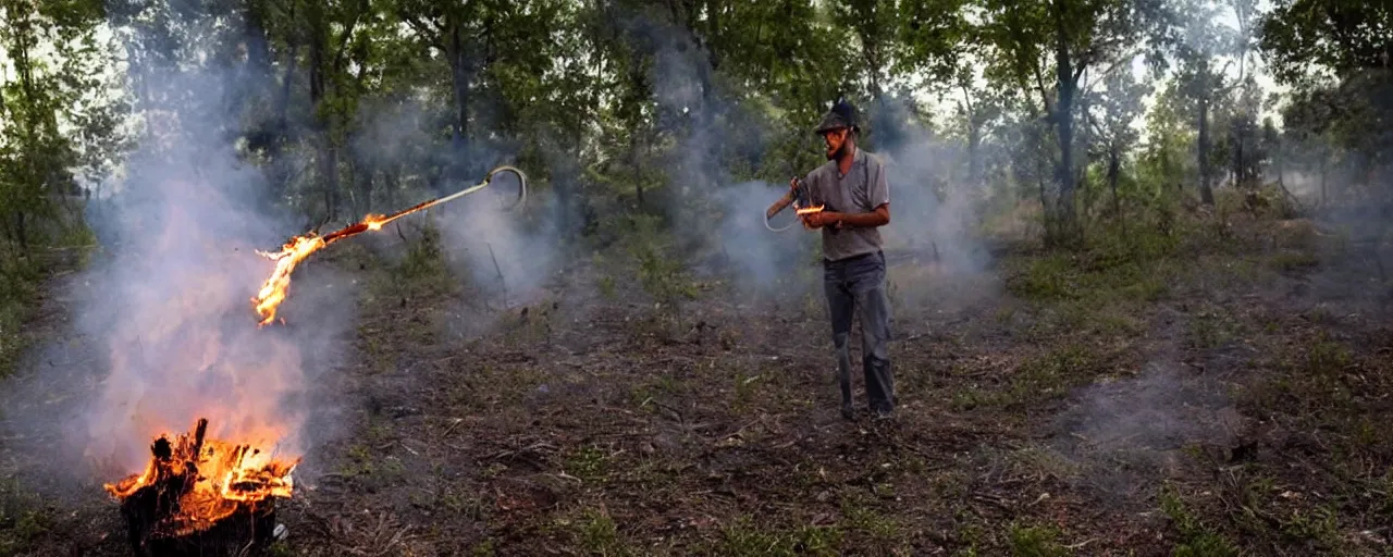 Prompt: genocide of mosquitoes by a man with firetorch, threatening, doom, apocalytic, sinister