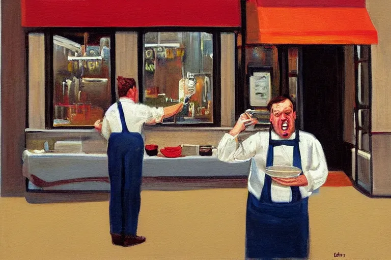 Image similar to a grumpy busser in a restaurant yells at the owner, art by dean macadam