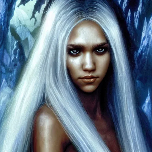 Prompt: head and shoulders portrait of an obsidian - skinned, white - haired drow elf spider wizard portrayed by young jessica alba, in a crystal cavern, d & d, fantasy, luis royo, magali villeneuve, donato giancola, wlop, krenz cushart