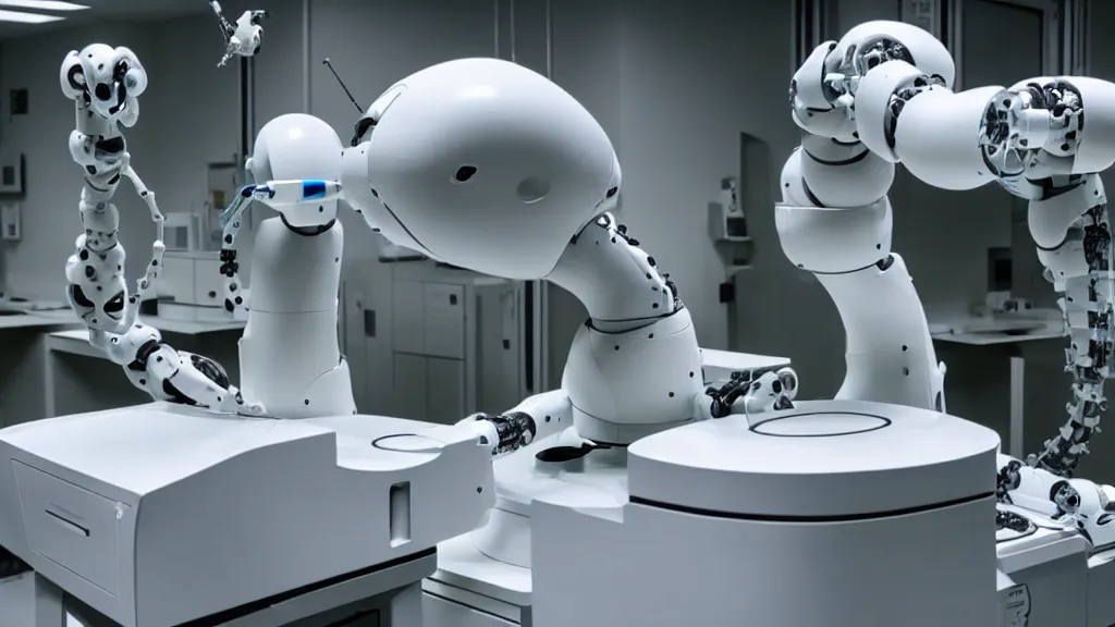 Image similar to a complex bifurcated robotic cnc surgical arm hybrid mri 3 d printer machine making black and white ceramic mutant forms in the laboratory inspection room, film still from the movie directed by denis villeneuve with art direction by salvador dali, wide lens