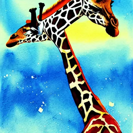 Prompt: giraffe dunking basketball in full stadium, watercolor, highly detailed