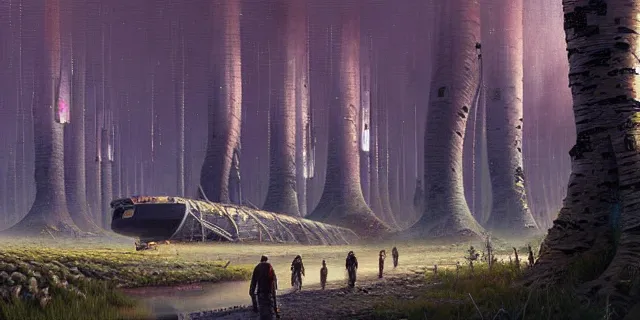 Prompt: painting group of sci - fi adventures searching birch trees forest for crashed ship by tomasz alen kopera and cornelius dammrich with futuristic city scape ion the distance by eddie jones and simon stahlenhag