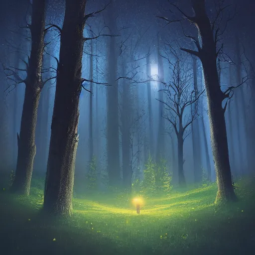 Prompt: forest at night with floating lights by Jessica Rossier