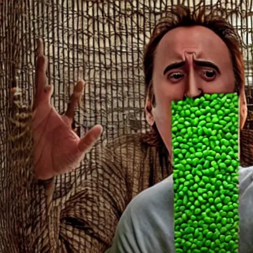 Prompt: nicolas cage trapped in a wicker cage being covered in peas, screaming, movie still, hdr