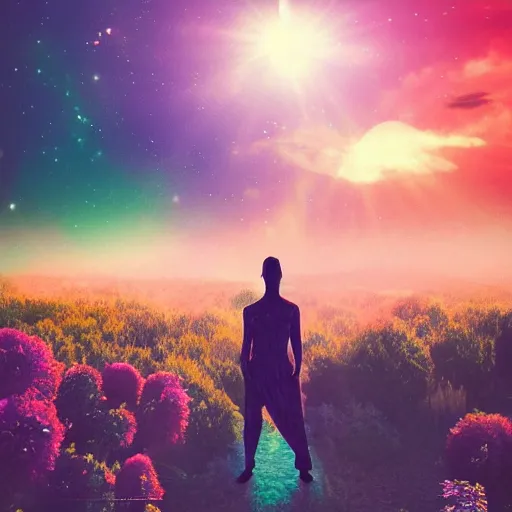 Image similar to A picture of a planet of various colors and plants, in which the human figure is dressed in something magical and impressive, inside the picture is infinity, sunset light, Atmospheric phenomenon, artistic photography, muted colors, conceptual