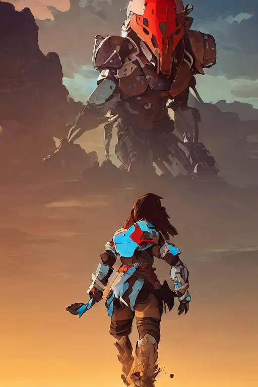 Image similar to combination suit armor aloy horizon forbidden west horizon zero dawn robot ninja mask helmet backpack tribal, fanart behance hd artstation by jesper ejsing, by rhads, makoto shinkai and lois van baarle, ilya kuvshinov, ossdraws