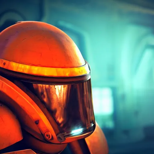 Image similar to spacemarine spacehelmet, dark armor, glowing neon orange details, full body, dark space background, clear lines, cinematic lighting, 4k, hyperrealistic, god rays, high details, unreal engine 5, cinematic