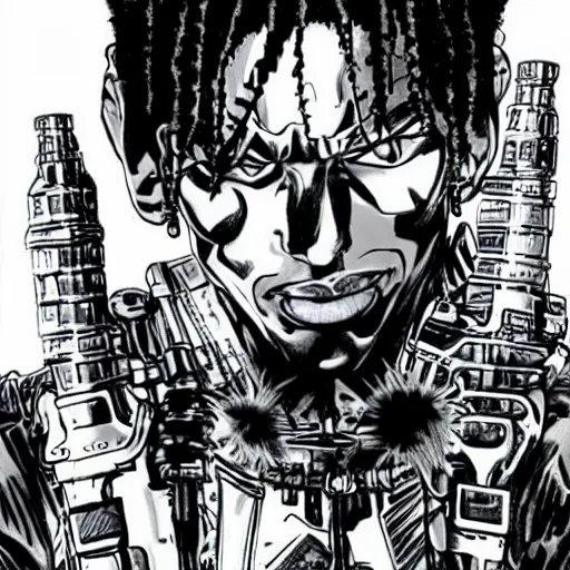 Image similar to a t - travis scott as 8 0 0 terminator in yusuke murata style, detailed