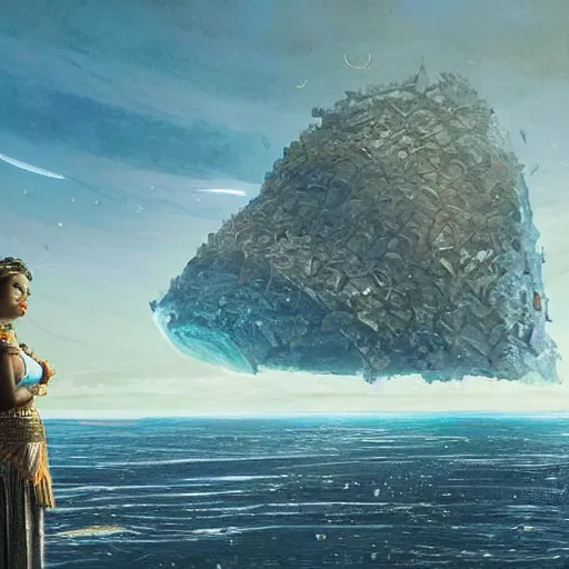 Image similar to a fijian queen looks down on her city from the palace balcony, giant sea walls keeping out the ocean after the ice caps melted, sci - fi art by greg rutkowski