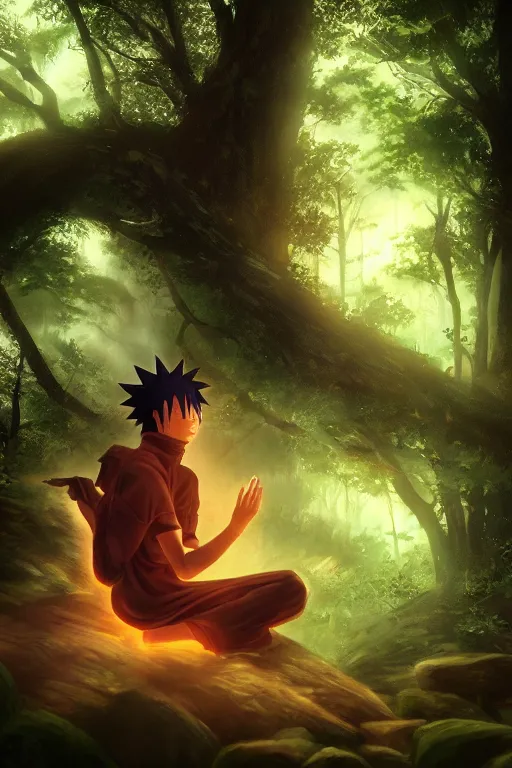 Image similar to photorealistic dark fantasy concept art of Naruto meditating in a forest, dynamic lighting, stunning visuals, realism, cinematic, hyper detailed, ultra detailed, beautiful visuals and sunset