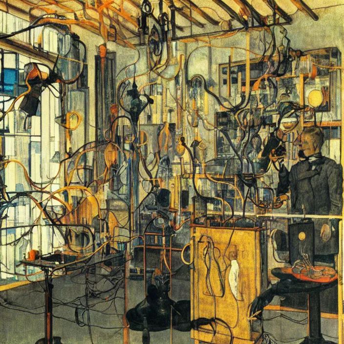 Image similar to the inventor in his laboratory with contraption, oceanian statues, cyberpunk, bioluminescent cables. lamp light. henri de toulouse - lautrec, jan van eyck, rene magritte, max ernst, walton ford, agnes pelton