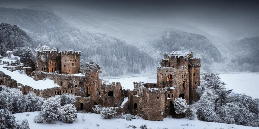 Prompt: an ancient broken down castle on a snowy mountain on a fogy day, high detail, high definition, photorealistic, 8k