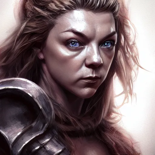 Image similar to portrait of a natalie dormer barbarian, muscular, wild, upper body, d & d, fantasy, intricate, cinematic lighting, highly detailed, digital painting, artstation, concept art, smooth, sharp focus, illustration, art by hajime sorayama