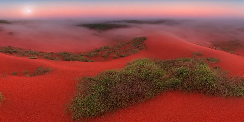 Prompt: red sand hills, beautiful, dawn, foggy area, photorealistic, panoramic shot, 4 k