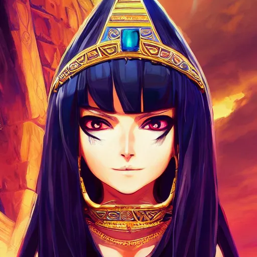 Prompt: a portrait of a smirking necromancer queen cleopatra, beautiful and detailed eyes, with pyramids and the rising sun in the background, by tite kubo and guweiz, dramatic lighting, manga cover, highly detailed, incredible quality, trending on artstation