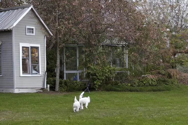 Prompt: the sour, dour, angry lady across the street is walking her three tiny white dogs on leashes. she shuffles around, looking down. she has gray hair. she is wearing a long gray cardigan and dark pants. highly detailed. green house in background. large norway maple tree in foreground. view through window.