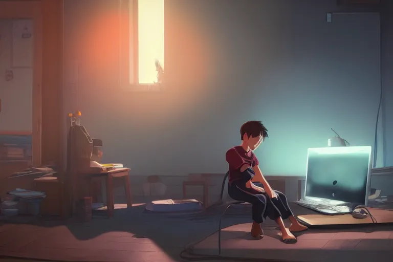 Image similar to a sleepy boy in front of a computer, medium shot, waist up, studio ghibli, pixar and disney animation, sharp, rendered in unreal engine 5, anime key art by greg rutkowski, bloom, dramatic lighting