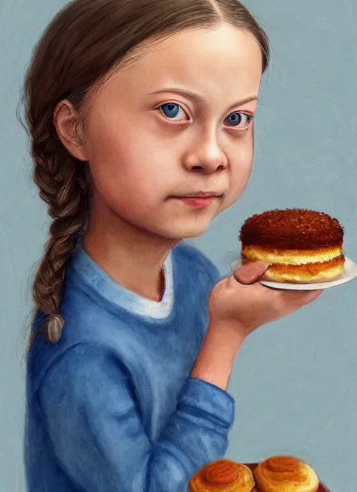 Image similar to greta thunberg eating cakes painted by nicoletta ceccoli, detailed digital art, trending on Artstation