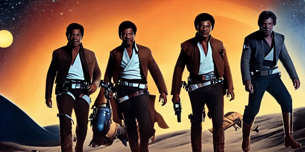 Image similar to screenshot of portrait Han Solo, Lando Calrissian and Luke Skywalker standing on an surreal minimalist a planet of maelstrom, the world without form, 1970s film by Stanley Kubrick, iconic scene, stunning cinematography, octane render, hyper-detailed, sharp, anamorphic lenses, kodak color, 4k, stunning