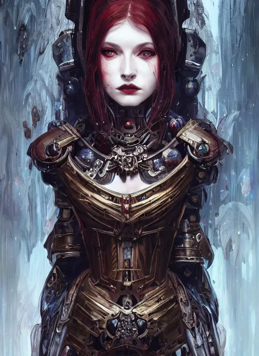 Prompt: portrait of beautiful cute pale gothic maiden covered in blood, warhammer 40000, cyberpunk, intricate, elegant, highly detailed, digital painting, artstation, concept art, smooth, sharp focus, illustration, art by artgerm and greg rutkowski and alphonse mucha and Gustav Klimt