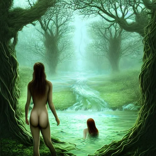 Image similar to beautiful digital fantasy illustration of A woody green field with a stream running through it, with a group of dryad women standing in the water. They seem to be preparing to submerge themselves in the cool, clear waters of the stream. a creepy creature standing in front of a mirror!, concept art by Alex Horley-Orlandelli!!, cgsociety contest winner!!!, gothic art,!!!!, cgsociety, official art, fantasy art, #vfxfriday, highly detailed, dynamic pose!!!!!, soft lighting, rendered in octane, masterpiece, very very very aesthetic