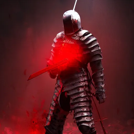 Prompt: scary knight, red light sword, covered in blood, in hell, kneeling, photorealistic, 8k, highly detailed, cinematic atmosphere