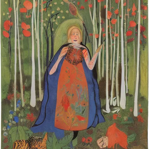 Image similar to In the mixed mediart Vasilisa can be seen standing in the forest, surrounded by animals. She is holding a basket of flowers in one hand and a spindle in the other. Her face is turned towards the viewer, with a gentle expression. In the background, the forest is depicted as a dark and mysterious place. scarlet by Bruno Munari monumental