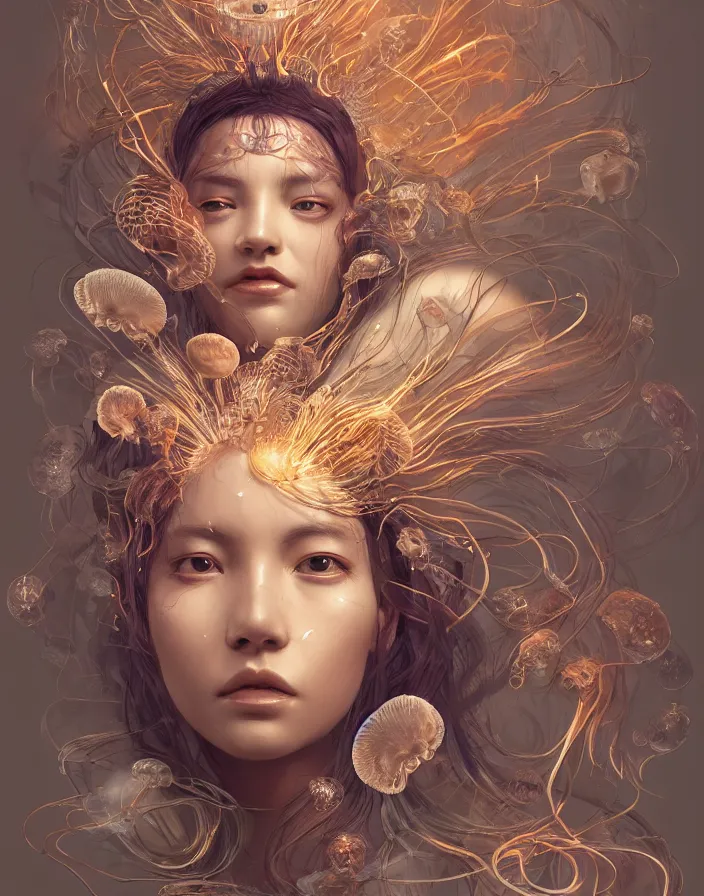 Image similar to goddess portrait. jellyfish phoenix head. intricate artwork by Tooth Wu and wlop and beeple. octane render, trending on artstation, greg rutkowski very coherent symmetrical artwork. cinematic, hyper realism, high detail, octane render, 8k, matte painting, peter mohrbacher, 3d