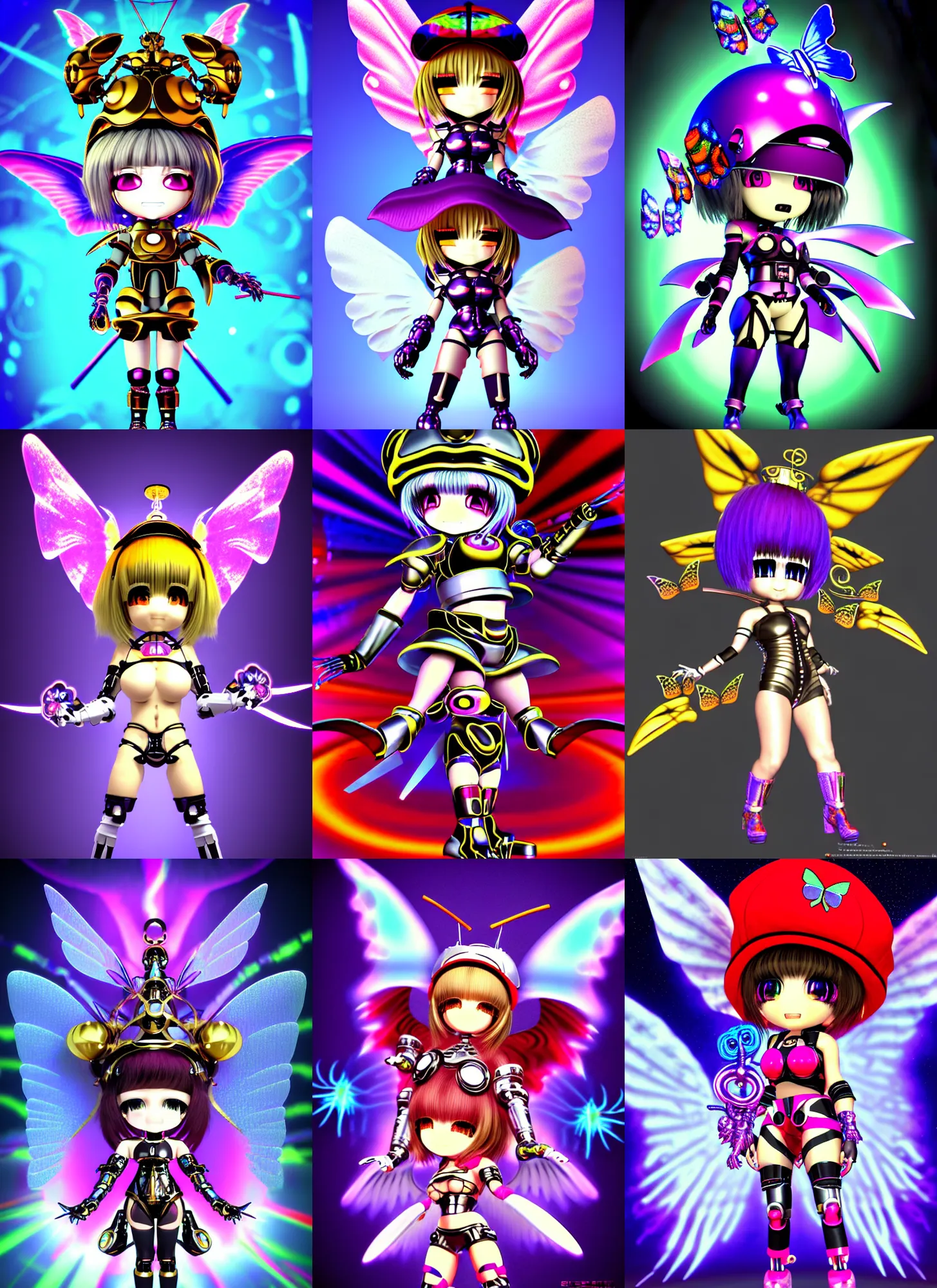Prompt: 3d render of chibi cyborg knight Sega Nightmaren by Ichiro Tanida wearing a cockscomb cap with dangling big bells and wearing angel wings against a psychedelic swirly background with 3d butterflies and 3d flowers n the style of 1990's CG graphics 3d rendered y2K aesthetic by Ichiro Tanida, 3DO magazine