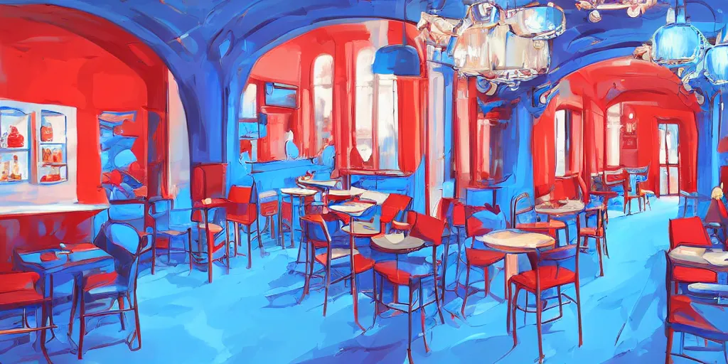 Image similar to cafe interior, blue and red tones, fantasy art, 2 d game art