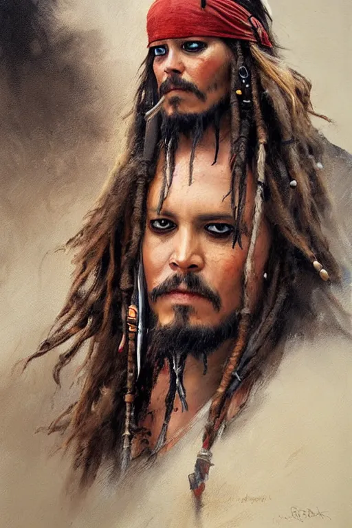 Prompt: Richard Schmid and Jeremy Lipking full length portrait painting of Captain Jack Sparrow