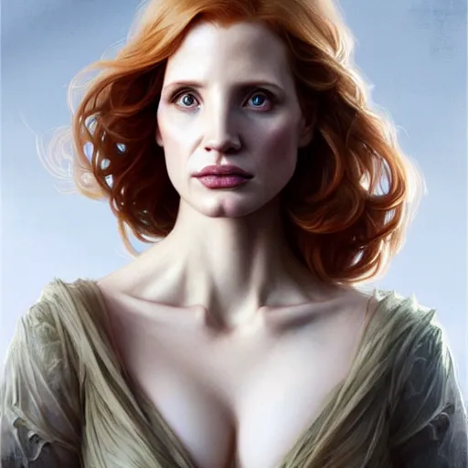 Image similar to beautiful natural Jessica Chastain, intricate, elegant, highly detailed, digital painting, artstation, concept art, smooth, sharp focus, illustration, art by artgerm and greg rutkowski and alphonse mucha and loish and WLOP