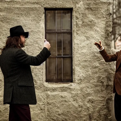 Prompt: Photograph of a stern man wearing a brown tweed coat. He is pointing his handgun towards a frightened young man with long hair against a stone wall. 4K, dramatic lighting