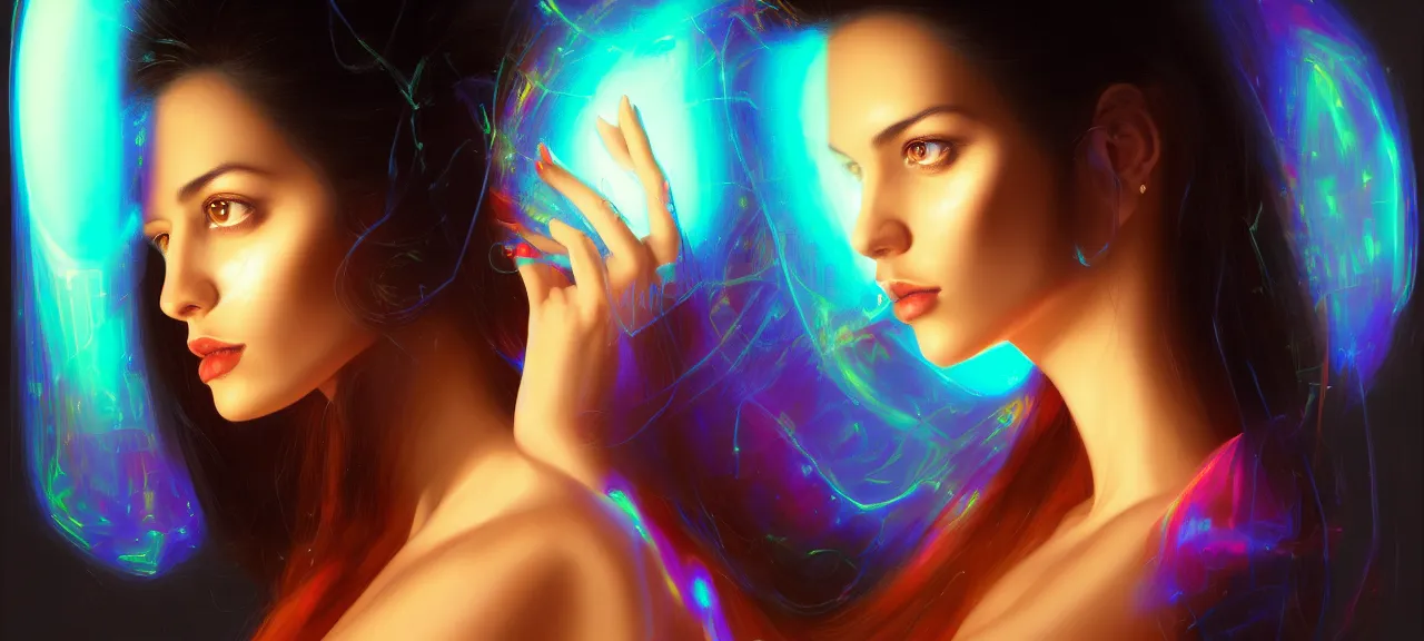 Image similar to beauty young spanish woman with long black portrait in holograms of The Zero Theorem artifacts, electrical case display, The Zero Theorem tech, ultrarealistic, dramatic lighting, electrical details, high details, 4k, 8k, best, accurate, trending on artstation, artstation, photorealism, ultrarealistic, digital painting, style of Peter Mohrbacher, Caravaggio, Boris Vallejo