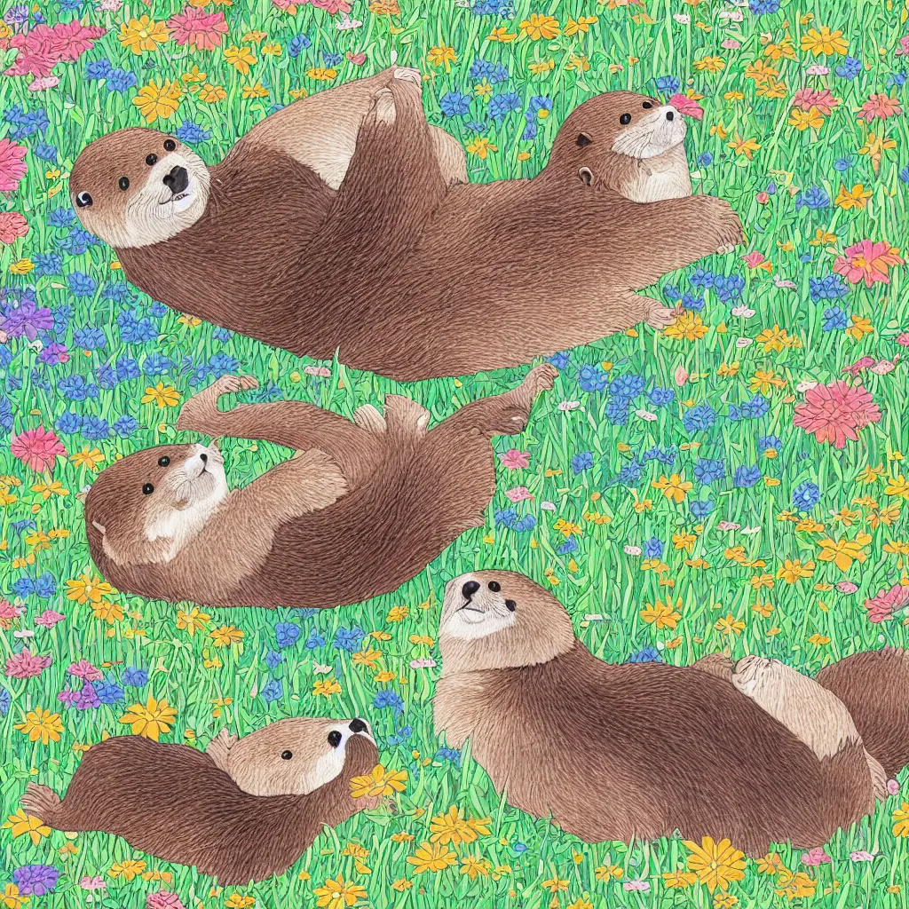 Image similar to a color manga illustration of an otter and a sloth lying in a field of wildflowers and eating sushi. the view is top down. his mood is one of delicious bliss. the image is illustrated in high colorful detail by masashi kishimoto and is very very very detailed.