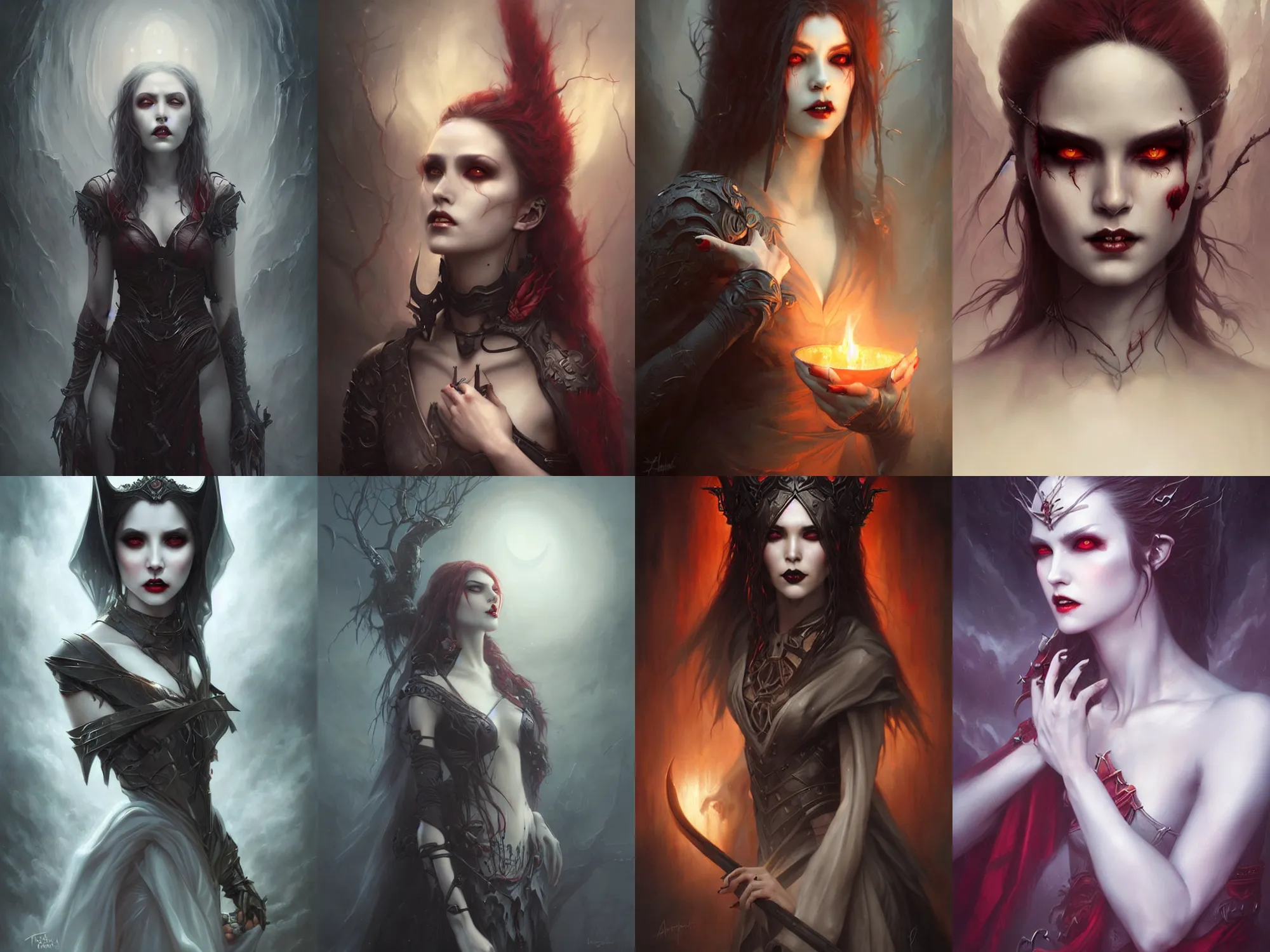 Image similar to a hauntingly beautiful vampire warrior queen, painted by artgerm and tom bagshaw, fantasy art, dramatic lighting, highly detailed oil painting