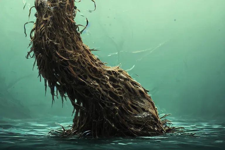 Image similar to a creepy monster crawling out of the water, seaweed haning from its arms, very long arms, very long fingers, standing in shallow water, drowned, unsettling, creepy, artstation, cgsociety