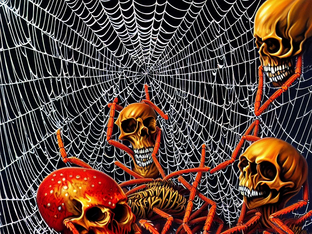 Image similar to a hyperrealistic painting of a demonic spider web made of monster skulls, radial symmetry, depth of field, cinematic cartoon horror by simon bisley, basil wolverton, lisa frank, highly detailed, vivid color,