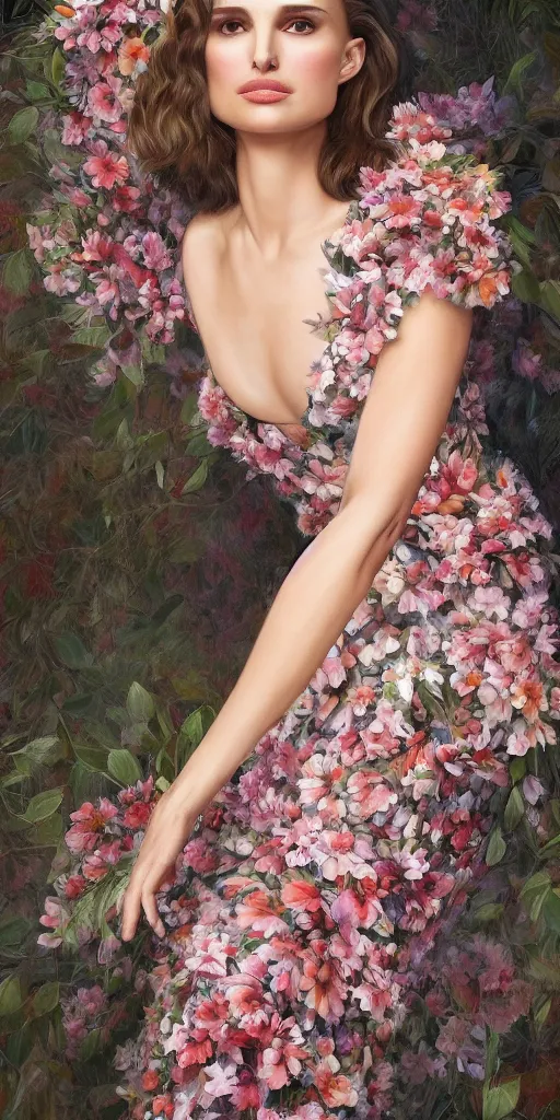 Prompt: Natalie Portman, wearing a long floral dress, very detailed portrait, ultrarealistic, dramatic lighting, electrical details, high details, 4k, 8k, best, accurate, trending on artstation, fur, artstation, photorealism, ultrarealistic, digital painting, style of Dali, Caravaggio, Boris Vallejo