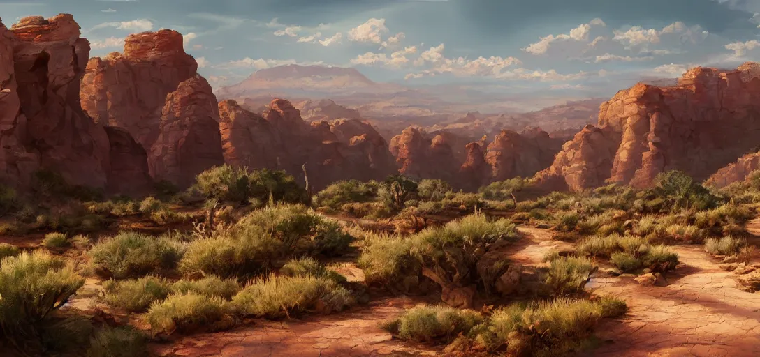 Image similar to beautiful utah desert, rock arcs, lush vegetation, landscape, alex ross, eddie mendoza, raphael lacoste, sebastian ludke, concept art, matte painting, highly detailed, rule of thirds, dynamic lighting, cinematic, detailed, magnificiant landscape, denoised, centerd